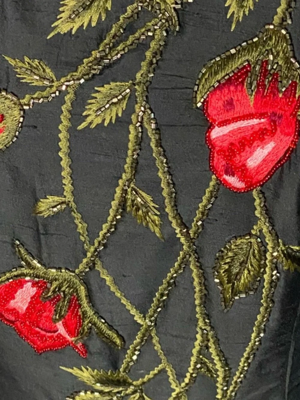 Vintage 100% Silk Black Mini Dress with Beaded Rose Embroidery - Romantic M